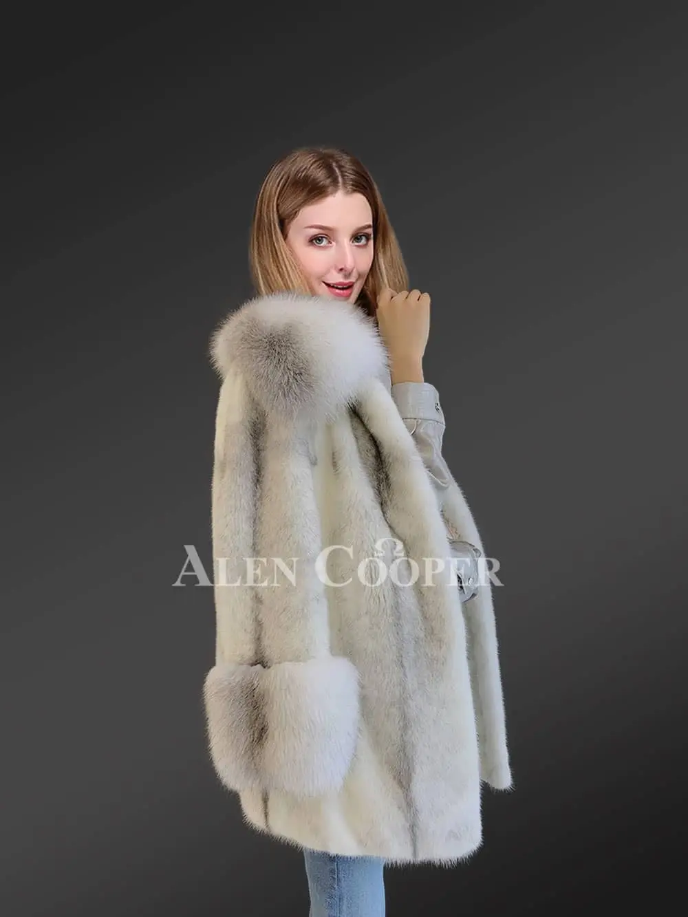 Silver-Cross Mink Fur Coat with Shadow-Blue-Frost Fox Fur Trim - Image 6