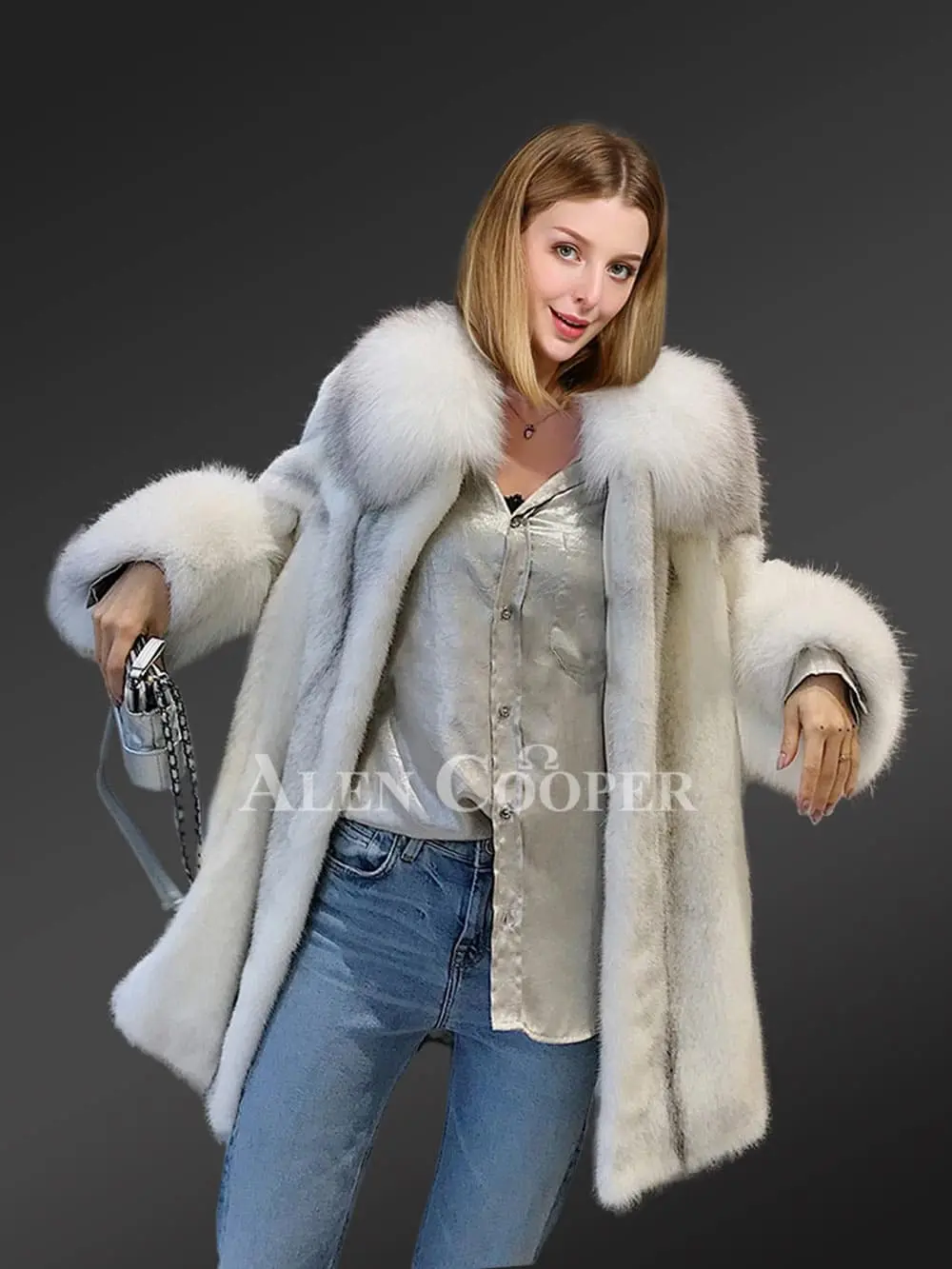 Silver-Cross Mink Fur Coat with Shadow-Blue-Frost Fox Fur Trim - Image 3