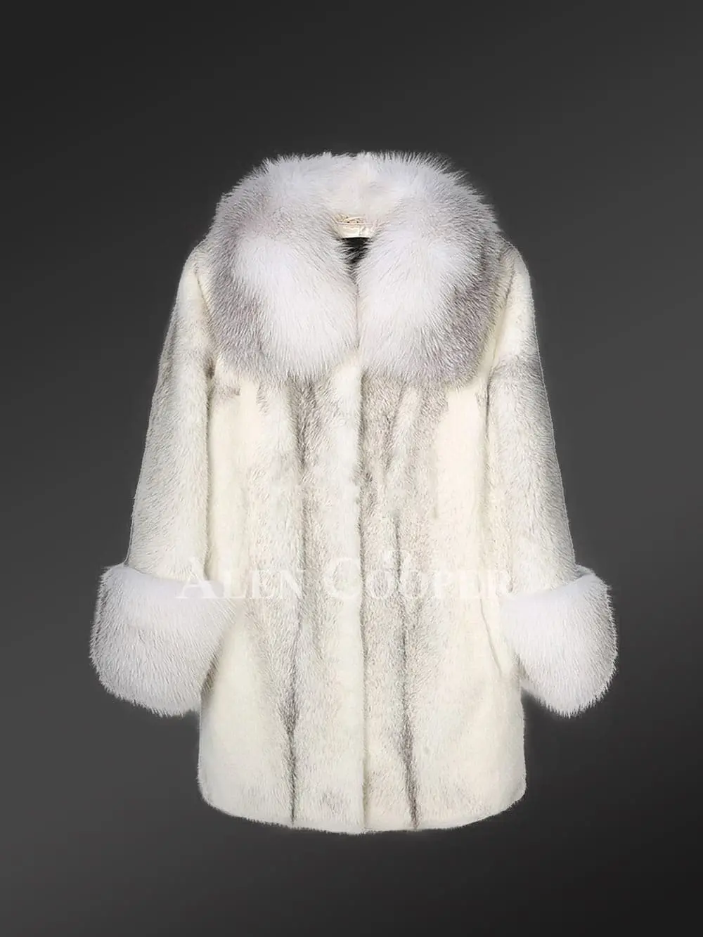 Silver-Cross Mink Fur Coat with Shadow-Blue-Frost Fox Fur Trim - Image 7