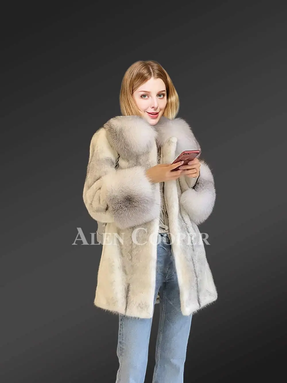 Silver-Cross Mink Fur Coat with Shadow-Blue-Frost Fox Fur Trim - Image 2