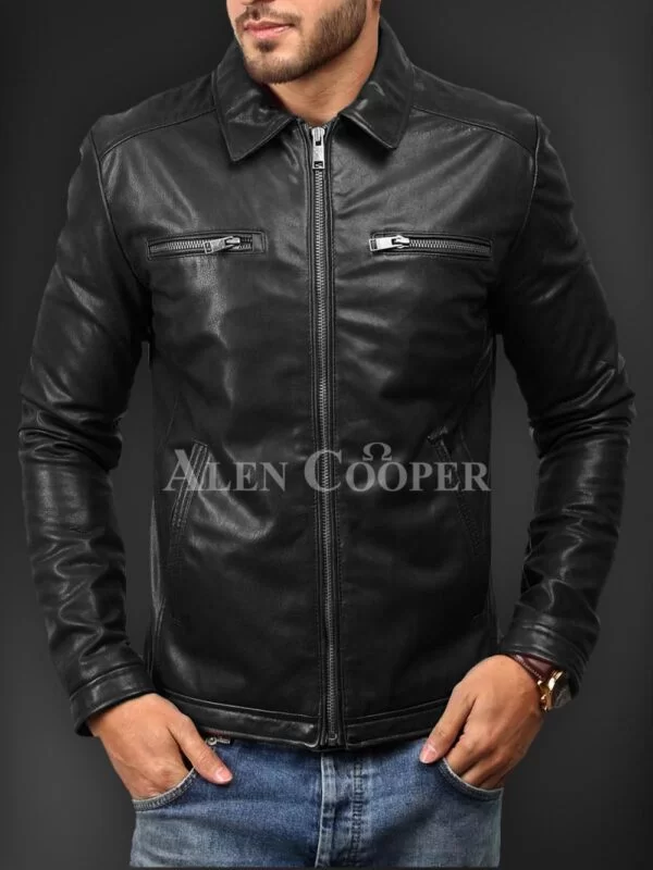 Soft solid and straight real leather winter jacket for men in Balck