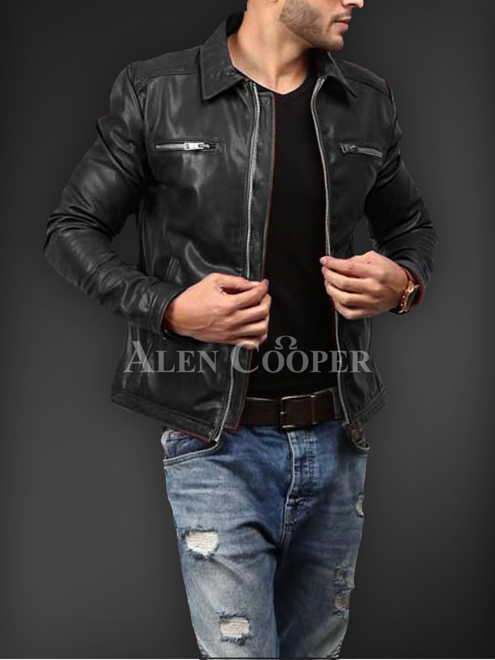 Soft Solid and Straight Real Leather Winter Jacket for Men - Image 6