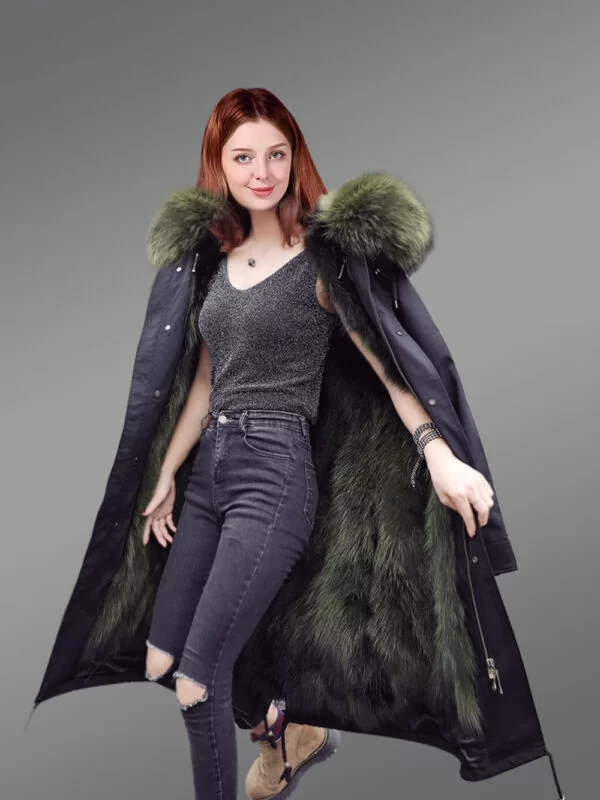 Solid long black parka with raccoon fur collar for women