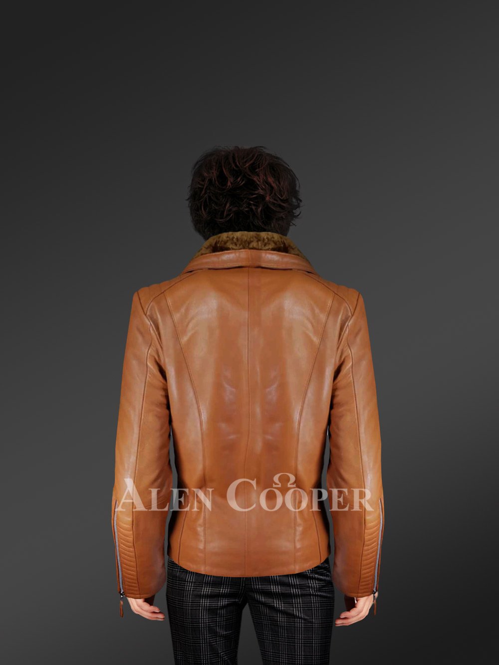 Stunning Tan Italian Leather Jacket with Shearling Collar for Women - Image 3