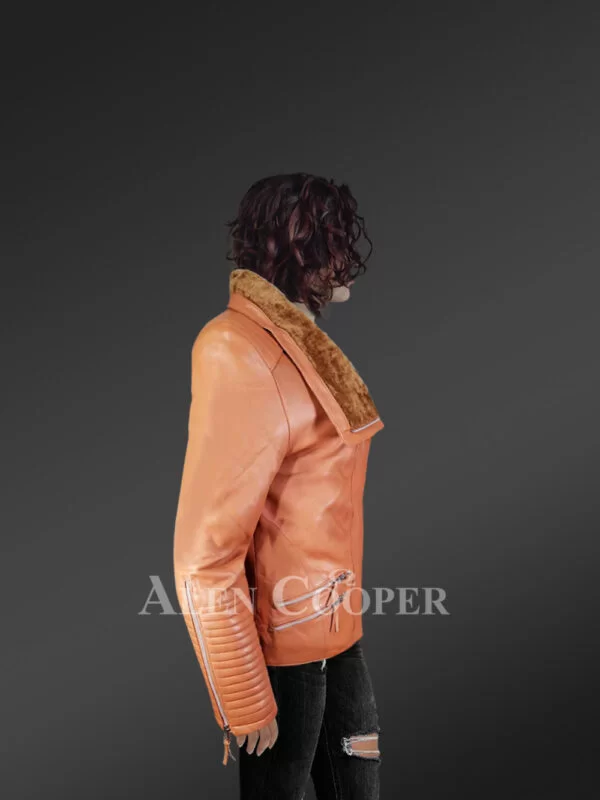 Stunning Tan Italian Leather Jacket with Shearling Collar for Women - Image 2