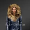 Stylish And Bold Women’s Navy Moto Jackets with Detachable Finn Raccoon Fur Collar & Hood