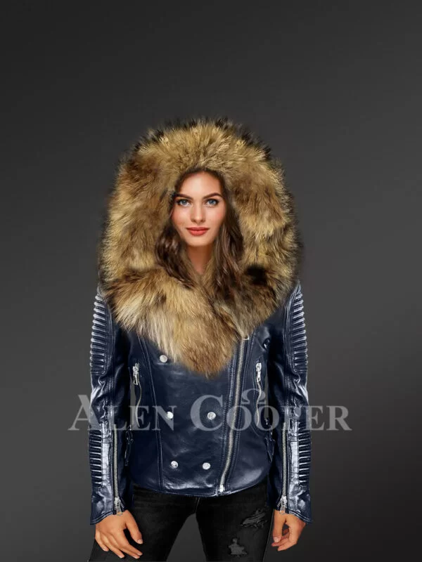 Stylish And Bold Women’s Navy Moto Jackets with Detachable Finn Raccoon Fur Collar & Hood