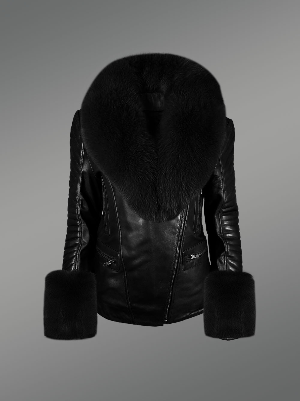 Stylish Leather Jackets with Removable Fox Fur Collar and Hand Cuffs