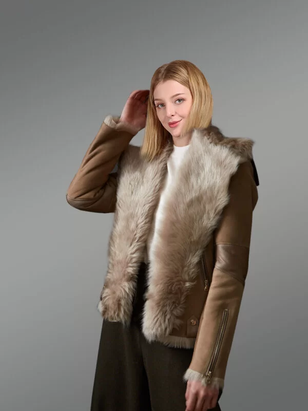 Suede Finish Beige Toscana Shearling Jacket for Women - Image 2
