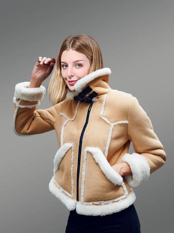 Suede Sheepskin Shearling Jacket for Women in Beige - Image 2