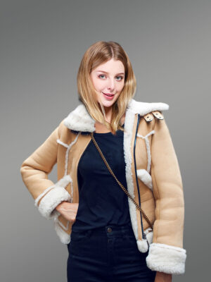 Suede Sheepskin Shearling Jacket for Women in Beige