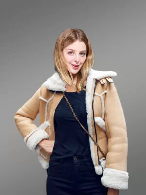 Suede Sheepskin Shearling Jacket for Women in Beige