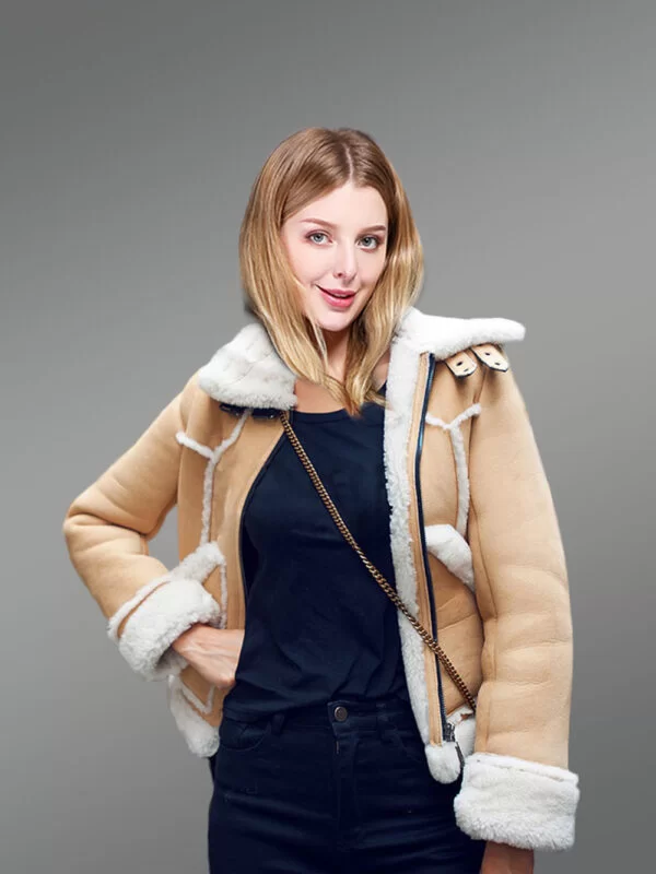 Suede Sheepskin Shearling Jacket for Women in Beige