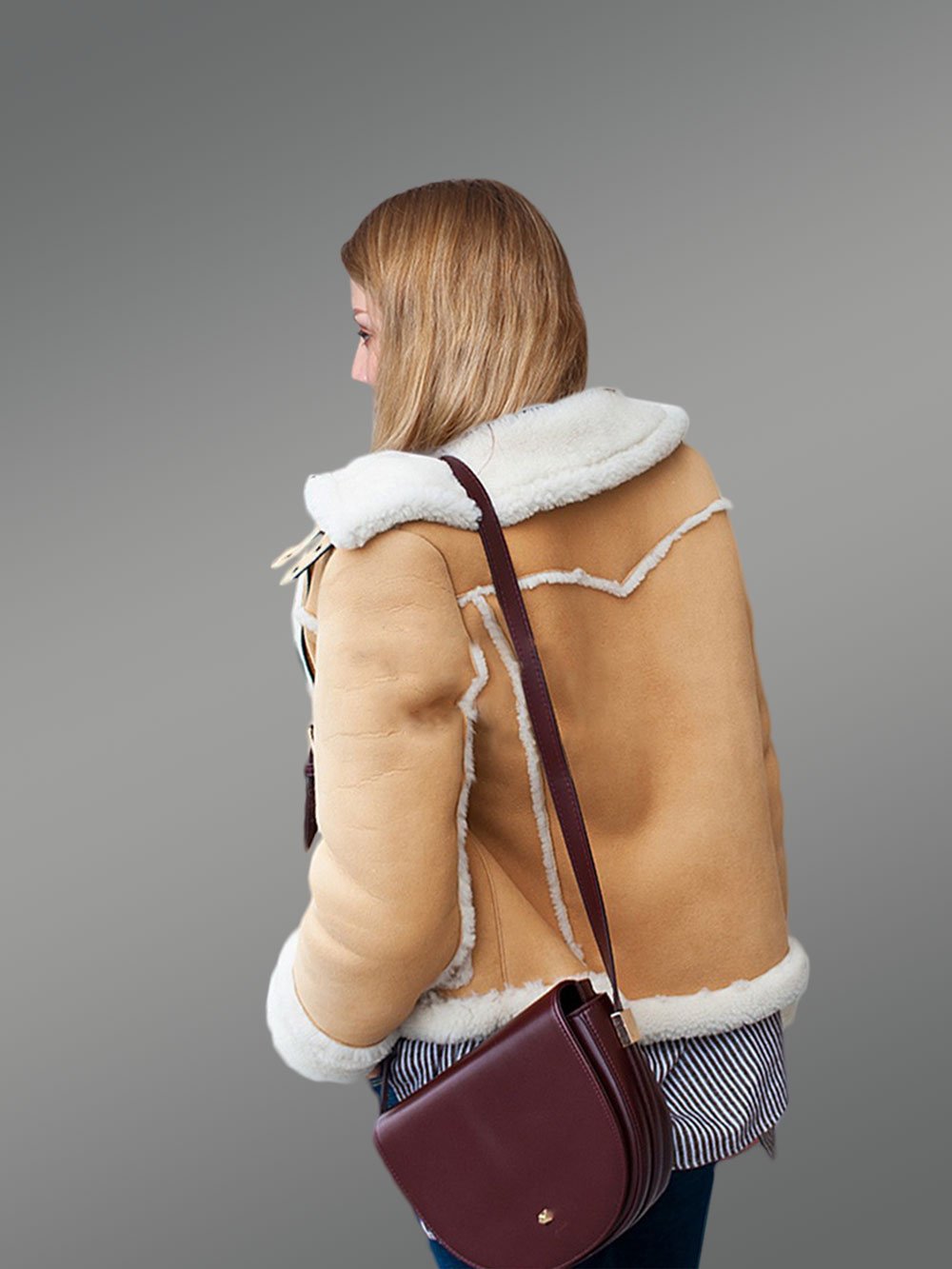 Suede Sheepskin Shearling Jacket for Women in Beige - Image 4
