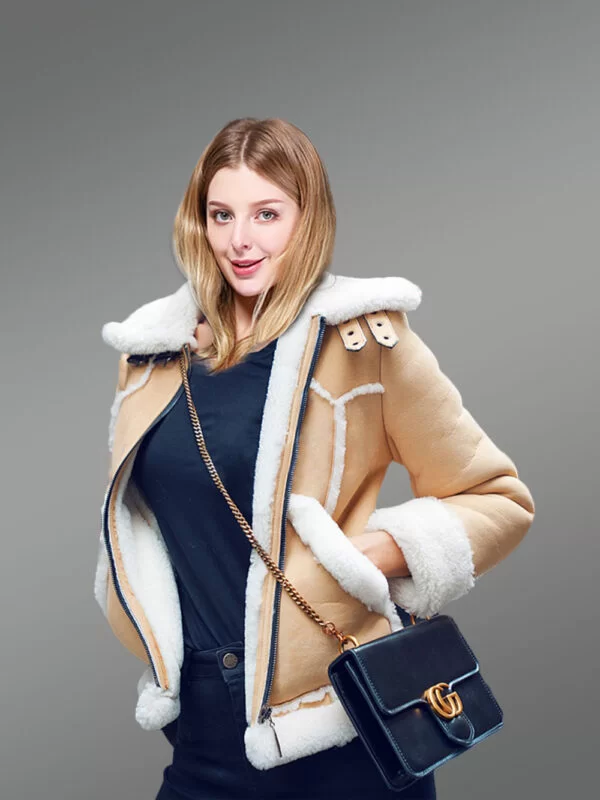 Suede Sheepskin Shearling Jacket for Women in Beige - Image 4
