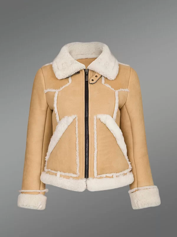 Suede Sheepskin Shearling Jacket for Women in Beige - Image 6