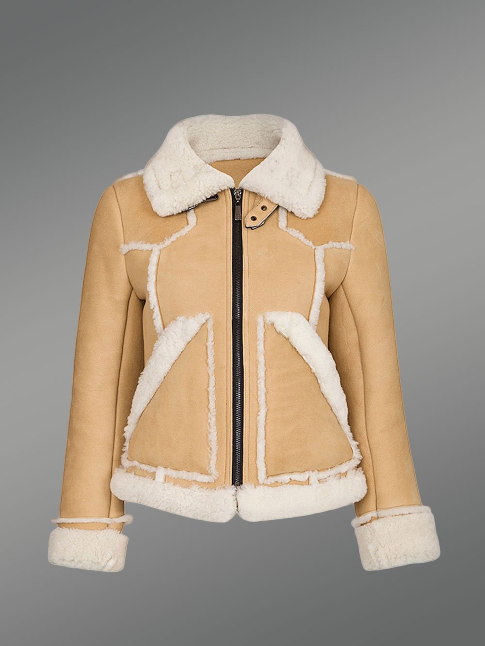 Suede Sheepskin Shearling Jacket for Women in Beige - Image 5
