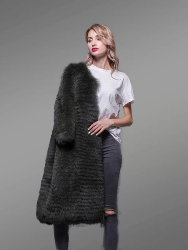 Super Stylish Long Real Fox Fur Black Winter Coat for Women - Image 3