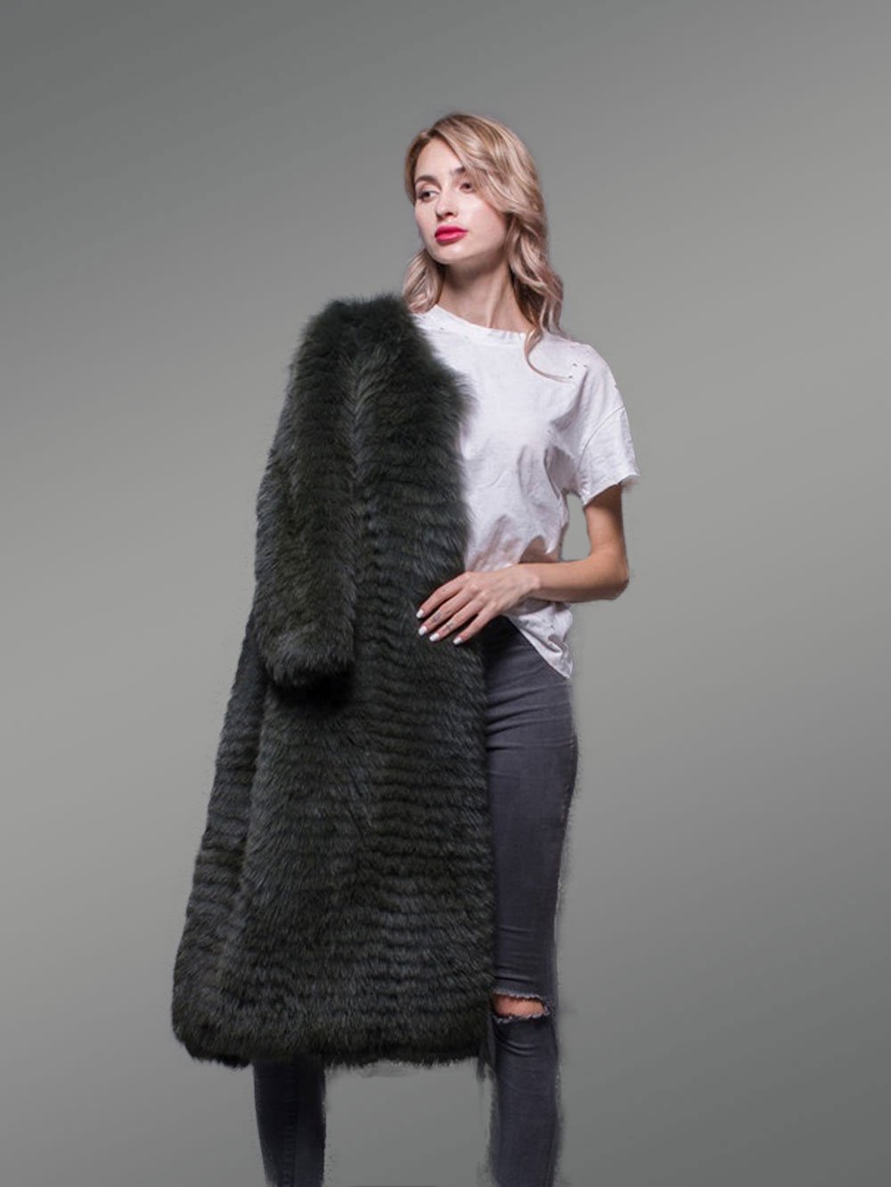 Super Stylish Long Real Fox Fur Black Winter Coat for Women - Image 3