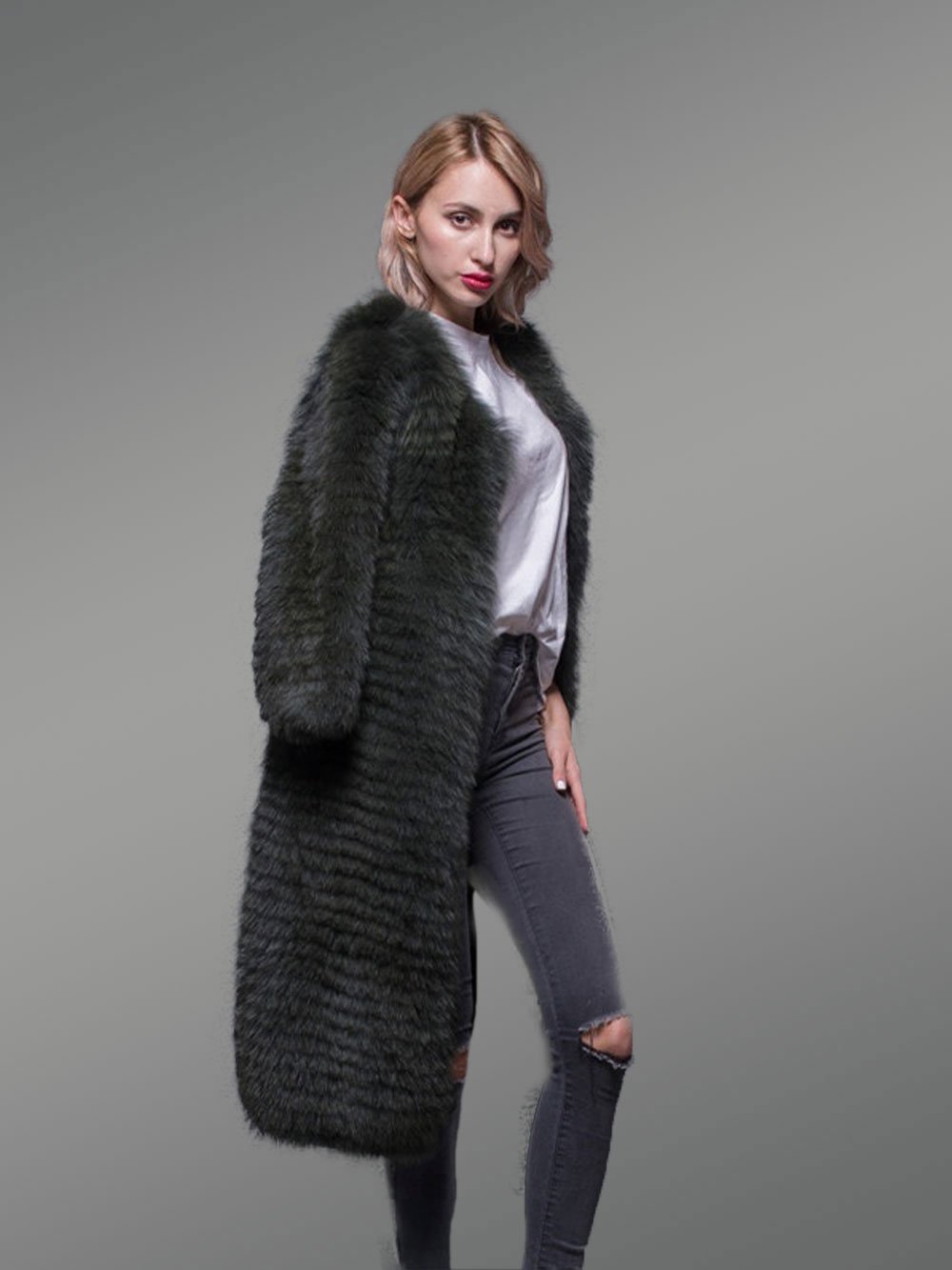 Super Stylish Long Real Fox Fur Black Winter Coat for Women - Image 5