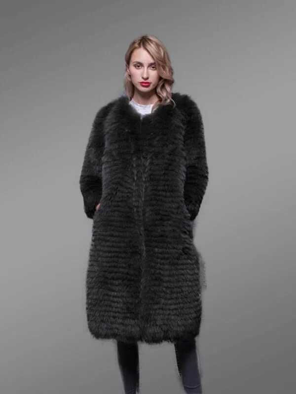 Super Stylish Long Real Fox Fur Black Winter Coat for Women - Image 4
