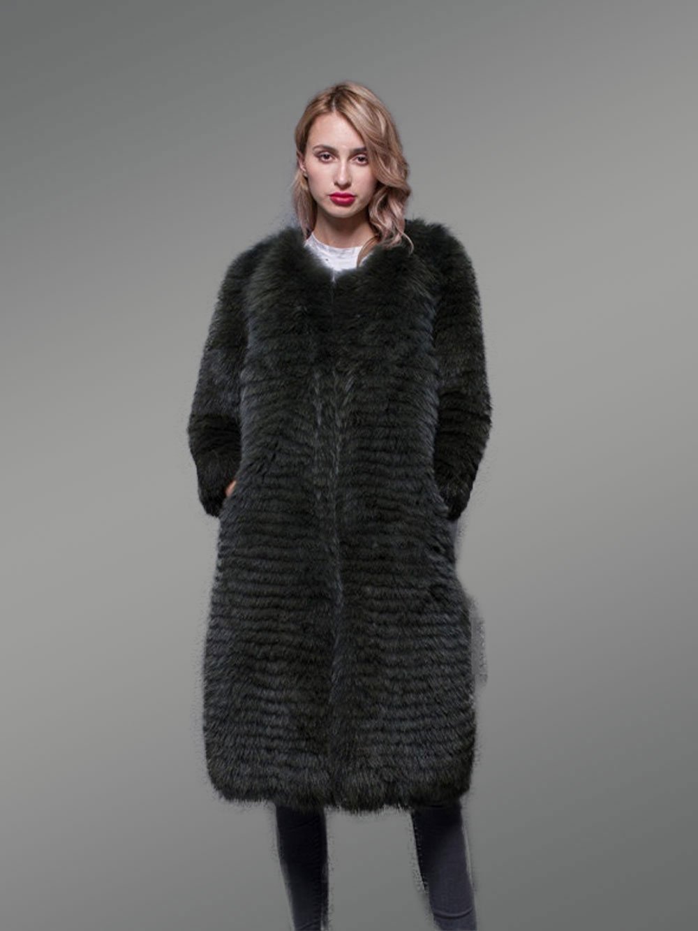 Super Stylish Long Real Fox Fur Black Winter Coat for Women - Image 4