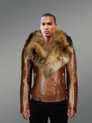 Tan Leather Jacket with Raccoon Fur Collar