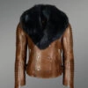 Tan Leather Moto Jacket with Black Fox Fur Collar