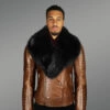 Tan Leather Moto Jacket with Black Fox Fur Collar