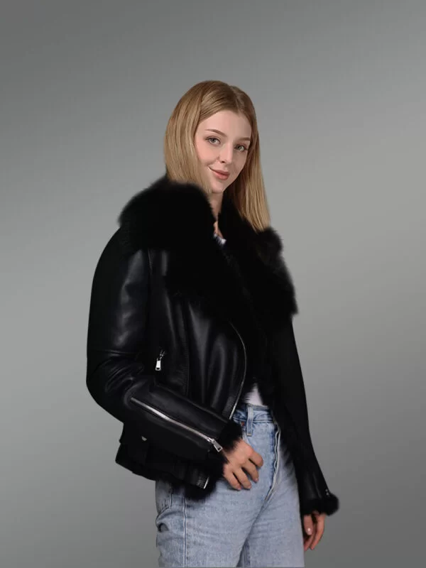 Toscana Shearling Jacket for Women in Black Nappa Finish - Image 2