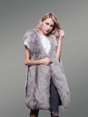Trendy Real Fox Fur Long and Sleeveless Winter Coat with Inner Side Pockets