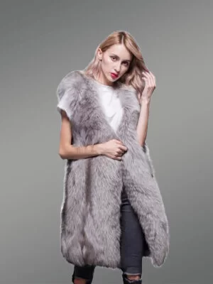Trendy Real Fox Fur Long and Sleeveless Winter Coat with Inner Side Pockets