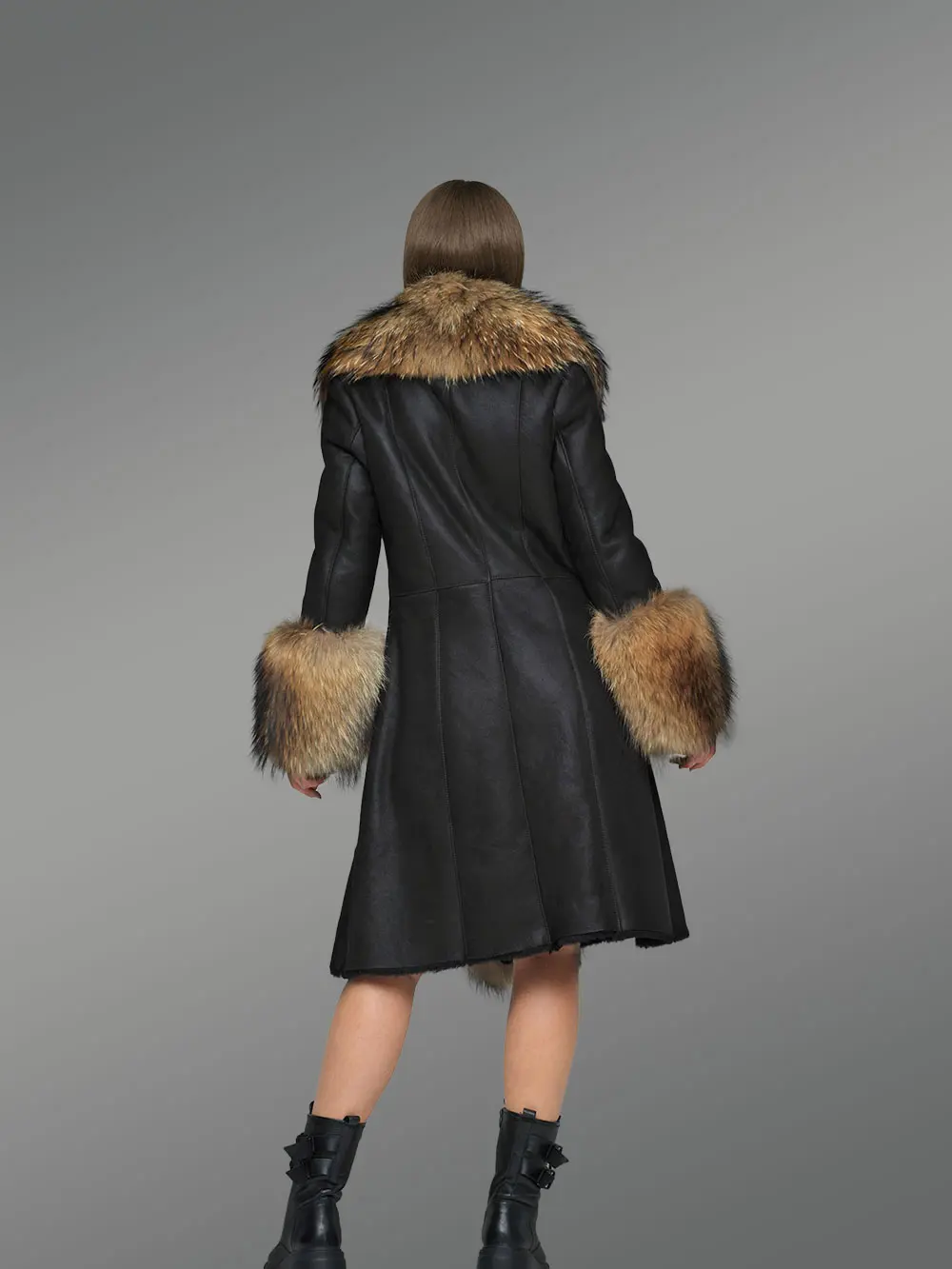 Sheepskin Tuxedo Shearling Coat for Women with Raccoon Fur - Image 3