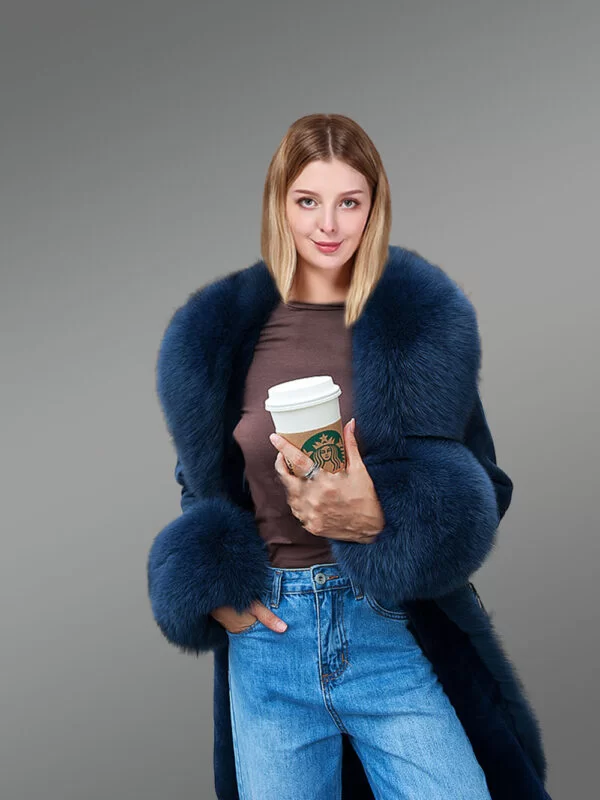 Tuxedo Style Shearling Long Coat for Women - Image 2