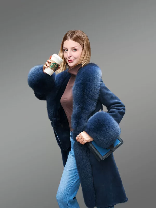 Tuxedo Style Shearling Long Coat for Women - Image 3