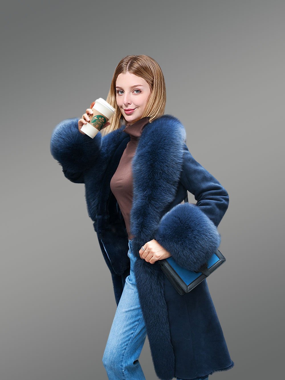 Tuxedo Style Shearling Long Coat for Women - Image 3