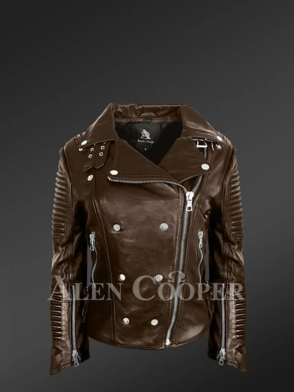 Stylish and Bold Women’s Coffee Moto Jackets with Detachable Finn Raccoon Fur Collar & Hood - Image 5
