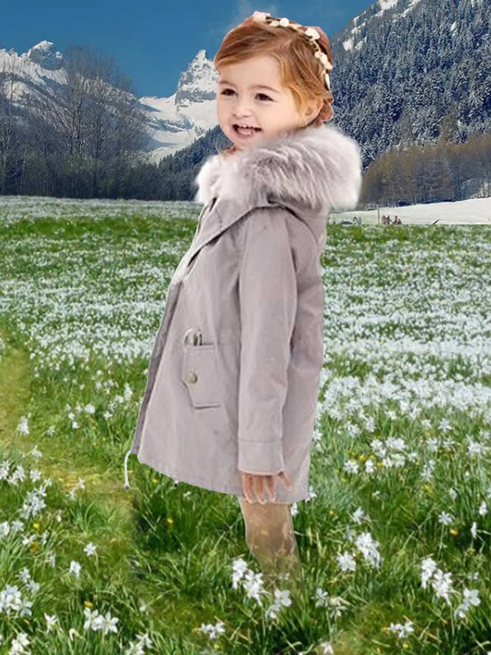 Very Stylish Kid’s Parka With Fur Hood In Gray - Image 2