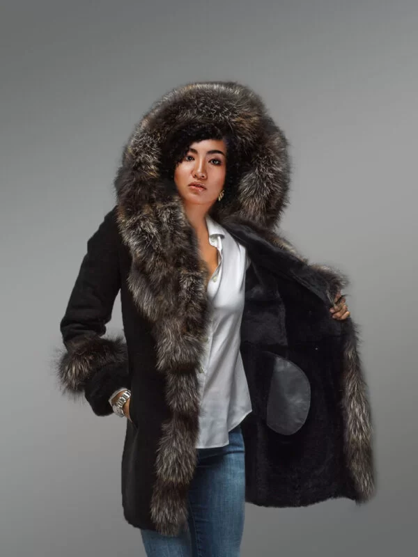 Women’s Mid Length 100% Real Sheepskin Warm Winter Coat with Long Shawl Collar - Image 2