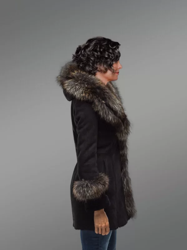 Women’s Mid Length 100% Real Sheepskin Warm Winter Coat with Long Shawl Collar - Image 4