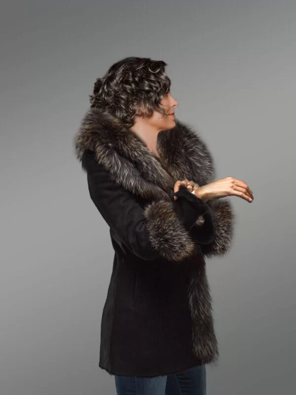 Women’s Mid Length 100% Real Sheepskin Warm Winter Coat with Long Shawl Collar - Image 3