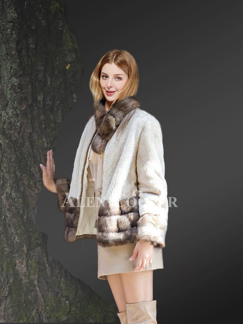 White Mink Fur Jacket With Sable Fur Trim - Image 3