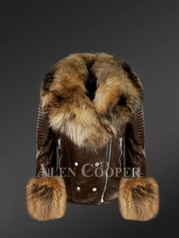 Womens Leather with Fur Biker Jacket - Image 3