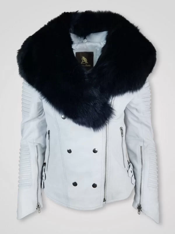 Womens Biker Jacket with Fur Collar - Image 2