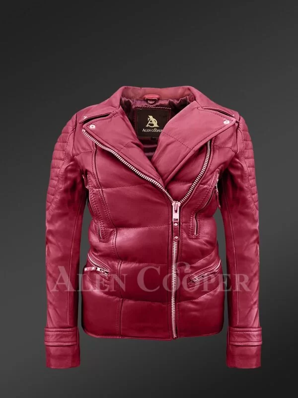 Women's Puffy Motorcycle Jacket in Wine - Image 3