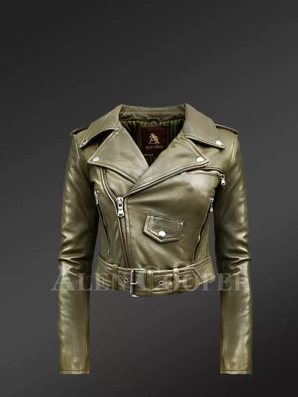 Women's Short Length Moto Jacket in Olive - Image 2
