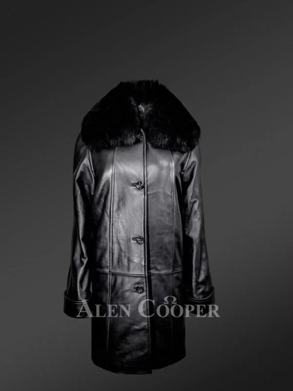 Women’s 100% Genuine Leather Overcoat with Detachable Fox Fur Collar