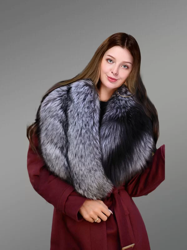 Women’s 3/4 Length Wool Coat with Real Silver Fox Fur Trim Collar - Image 2