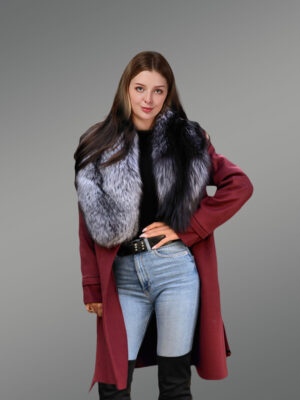 Women’s 3/4 Length Wool Coat with Real Silver Fox Fur Trim Collar