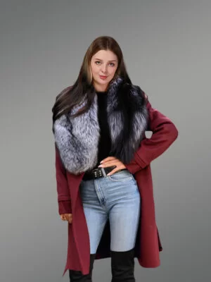 Women’s 3/4 Length Wool Coat with Real Silver Fox Fur Trim Collar